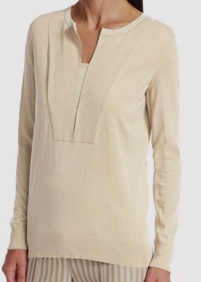 $595 Akris Punto Women Ivory Long Sleeve Layered Split-Neck Wool Sweater SZ 14