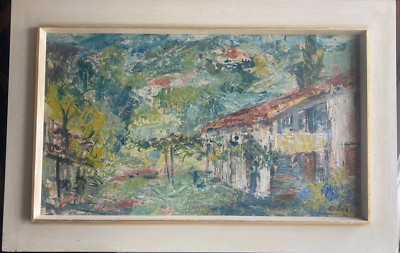 Oil painting undeutl. sign. Green landscape with houses