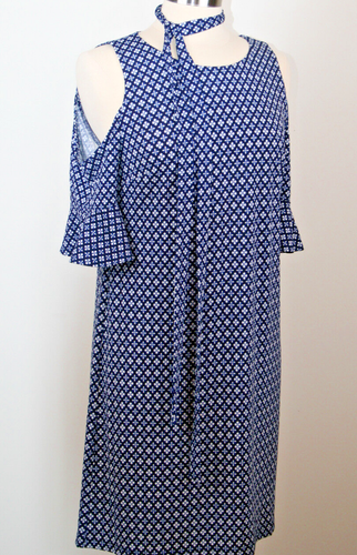 Donna Morgan Size 8 Dress Cold Peep Shoulder Flounce Sleeve Blue EveningDynasty - Picture 3 of 10