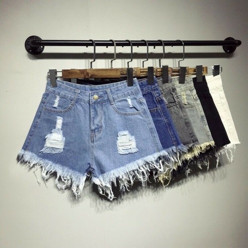 Ladies Ripped Denim Shorts Tassels High 