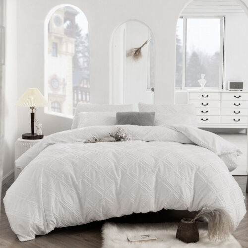 US 3PCS Tufted White Boho Duvet Cover Queen King Size Chic Bedding Comforter Set - 第 1/9 張圖片