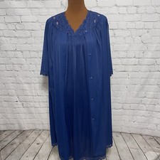 Vtg Shadowline Robe  Gown Set Navy Peignoir Lingerie Nylon Size S Pink Roses