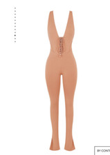 MISSSTRESS ROCKS Urban Taupe Sexy Jersey Lace Up Tie Jumpsuit Romper One Piece S