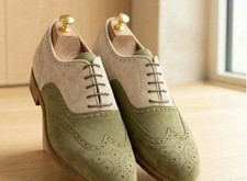 Men Handmade Leather Olive Green  Beige Suede Wingtip Oxford Brogue Dress Shoes