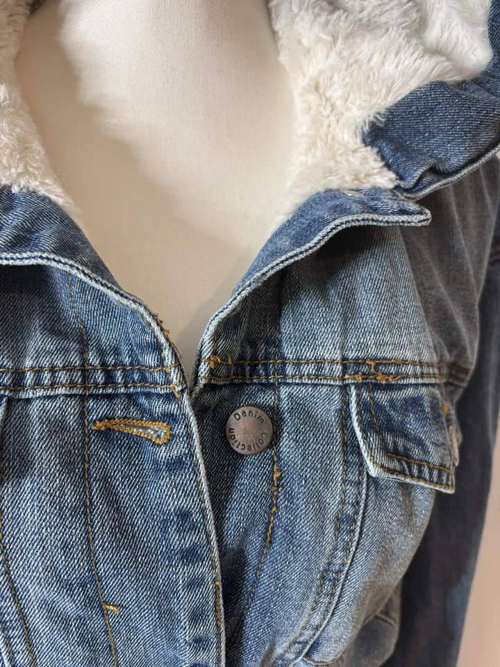 Джинсовая куртка Cisono с капюшоном из искусственного меха подкладка средний синий укороченный искусственно состаренный! - Изображение 2 из 4