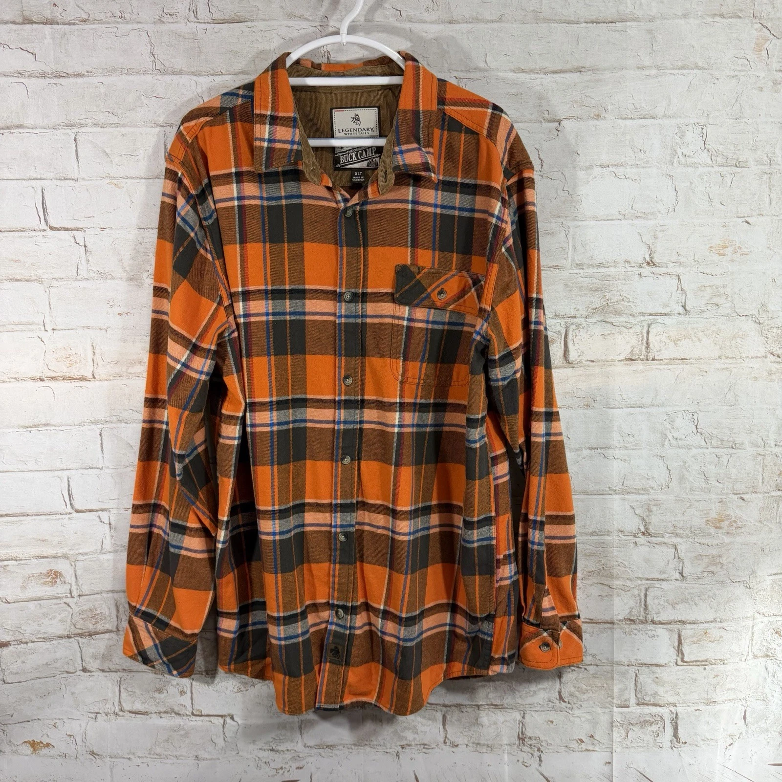 Legendary Whitetails Buck Camp Shirt Mens XLT Orange Plaid Flannel Button Down