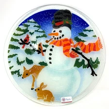 Peggy Karr Plate Signed Fused Glass Snowman Friends Winter Bunny Cardinal 11”