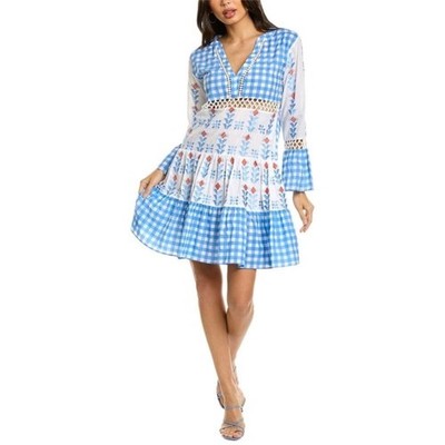 BINDU  Manuela Dress in Blue Cotton Peasant Boho Embroidered M