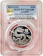 2024 1 Oz PLATINUM $100 Australia YEAR OF THE DRAGON PCGS PR70DCAM Proof Coin. 4999.95 per troy oz