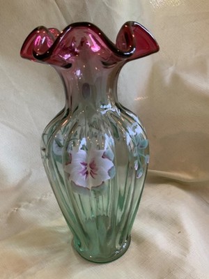 Fenton Art Glass 1997 Hand Painted Rubena Verdi Vase#  227/1750