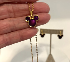 Disney Mickey Mouse gold tone purple sparkle enamel necklace and earring set