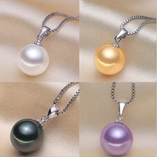 Natural SHELL Pearl 12mm pendant Solid 925 Silver 18" Necklace gift Box PE33
