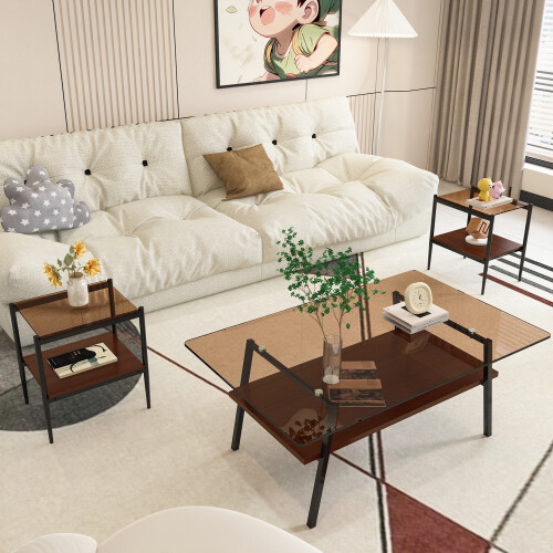 Brown Modern Coffee Table And End Tables Set Of 3 Tempered Glass Table Mdf Layer