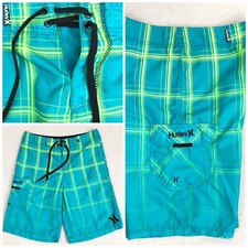 HURLEY Men's 30 Aqua Blue Turquoise Neon Plaid Check Board Shorts Swim Trunks