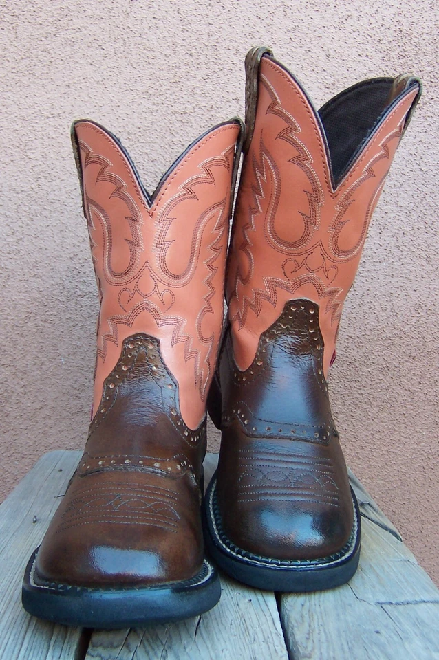 Botas vaqueras JUSTIN para mujer marrón naranja cuero silla vampiro talla 9B Foto 2 de 4