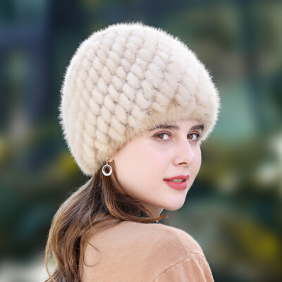 Mink Fur Hat Warm Beanies Winter Cap Outdoor Handmade Women Knitted Elastic Real
