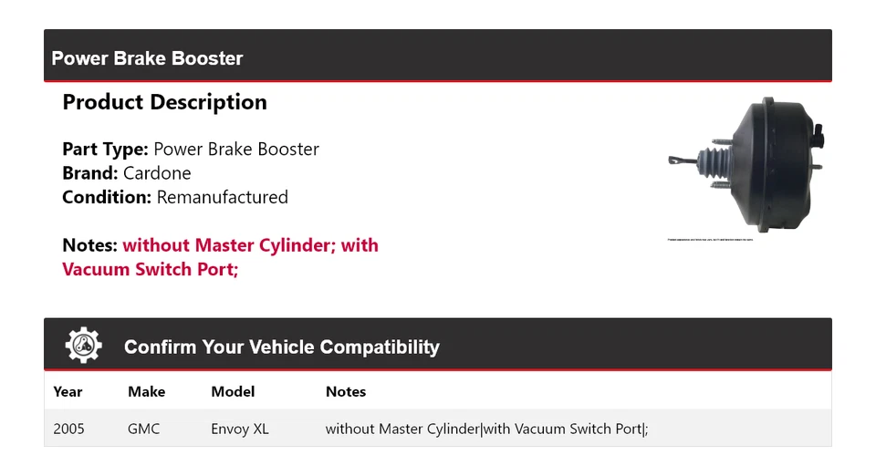 Para GMC Envoy XL 2005 Power Brake Booster Cardone Foto 2 de 4
