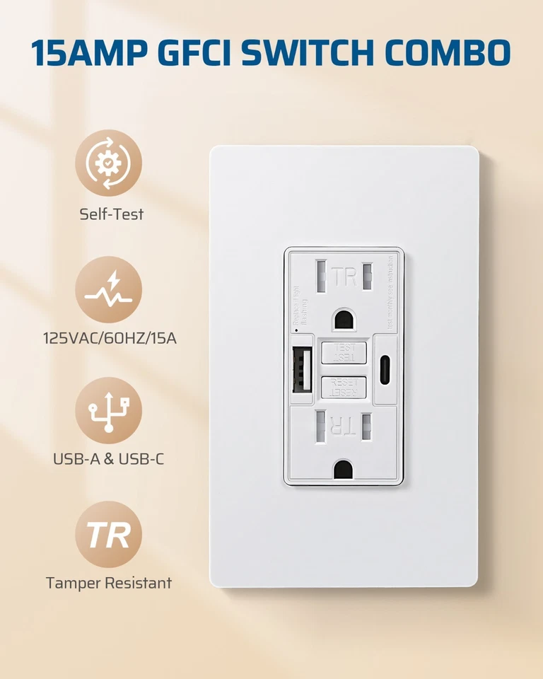 DEWENWILS 15A GFCI Outlet & 4.8A/24W USB-A & USB-C Ports, Tamper-Resistant - Image 4 of 4