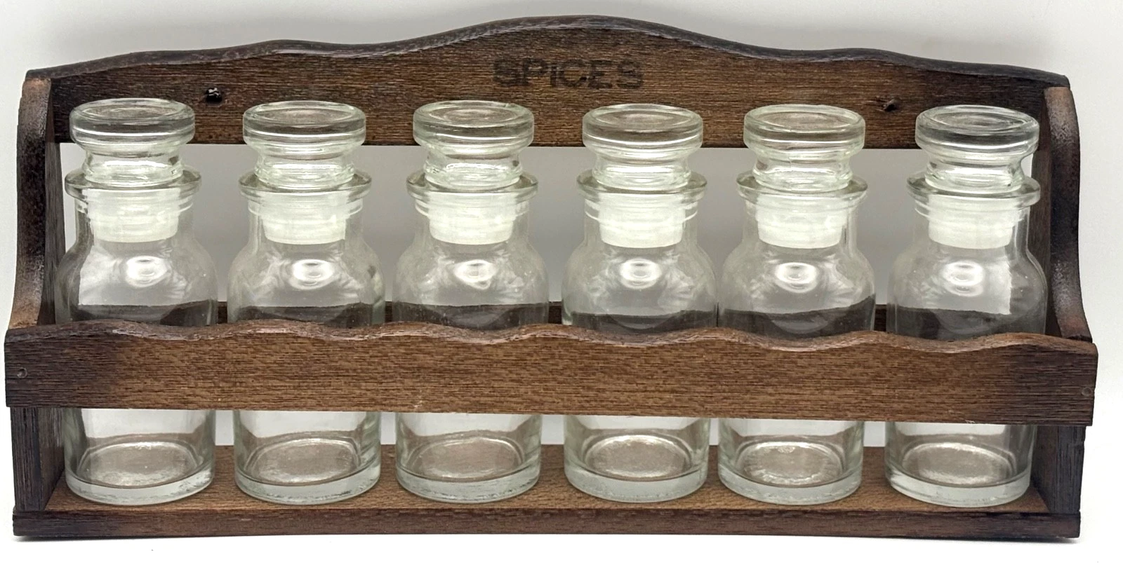 Wooden Spice Rack Wall Shelf w/ 6 Glass Spice Bottles Nasco Farmhouse Vintage