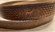 Vintage Old Tooled Leather Belt Deer Design Pattern Cowboy Western No Buckle 48