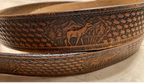 Vintage Old Tooled Leather Belt Deer Design Pattern Cowboy Western No Buckle 48 - Picture 1 of 4