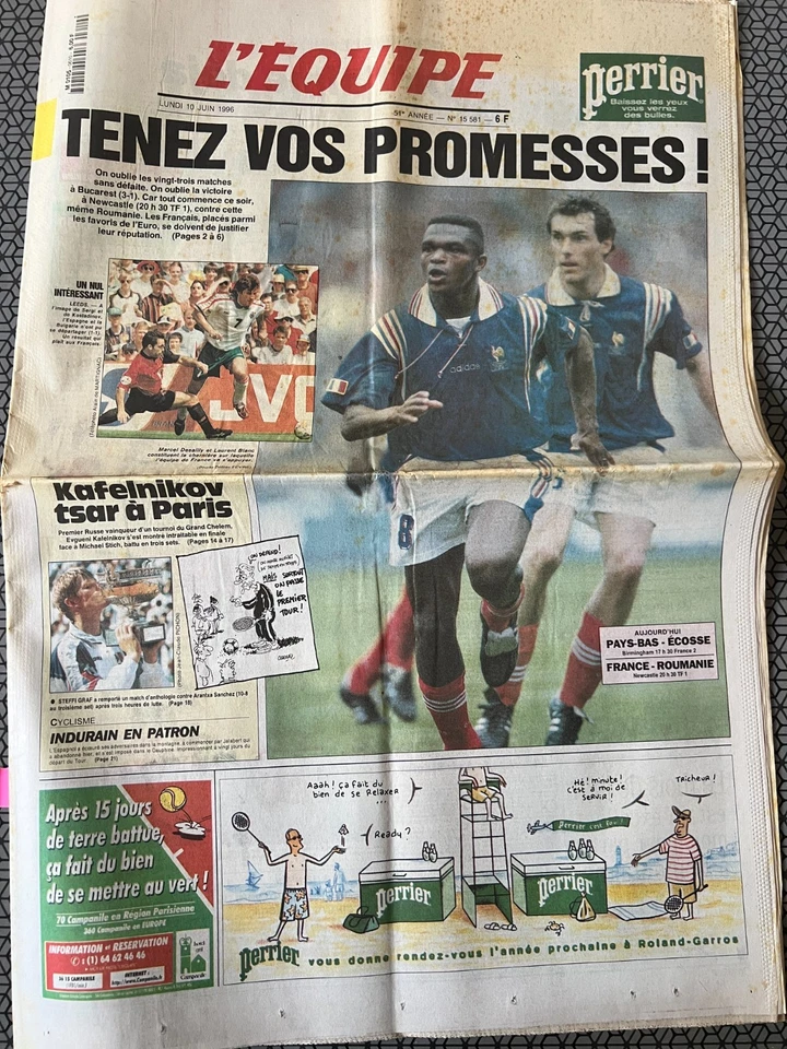 b)L'Equipe Journal 10/06/1996; France-Roumanie/ Kafelnikov tsar à Paris/ Indurai - Photo 1/1