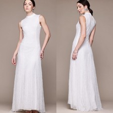 NEW MNG Mango WHITE Floral LACE Pleated HIGH NECK Maxi Dress GOWN US 6