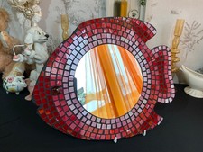 Stunning Unusual Hand Made Mosaic Fish Shape Mirror Made In Bali pinks and red