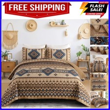 Brown Boho Quilt Set Queen  3 Pieces Aztec Texture Bedspread Southwestern Cove...