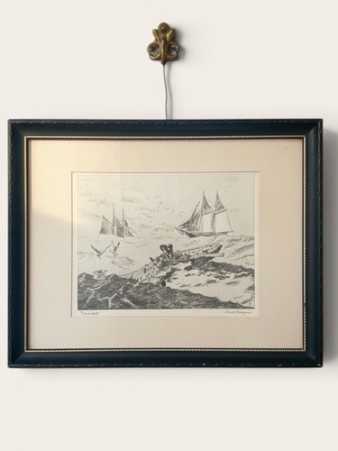 Vintage Lionel Barrymore Nautical Print – “Nantucket” Black Frame Gold Ships Sea - Afbeelding 1 van 12