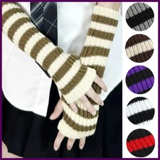Women's Knitted Fingerless Arm Sleeves Gothic Style Striped Winter Long Arm