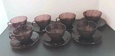 RARE 60's Set / 6 Duralex Vereco France RIVAGE AMETHYST Glass Tea Cups & Saucers