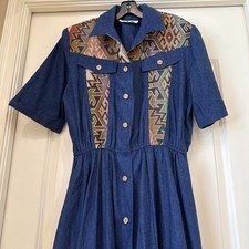 VTG Megan Moore Maxi Dress Women Sz 12 Blue Denim Southwestern Aztec Prairie