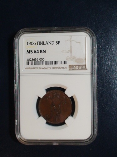 1906 Finland Five Pennia NGC MS64 BN NEAR GEM UNC 5P Coin PRICED TO SELL!