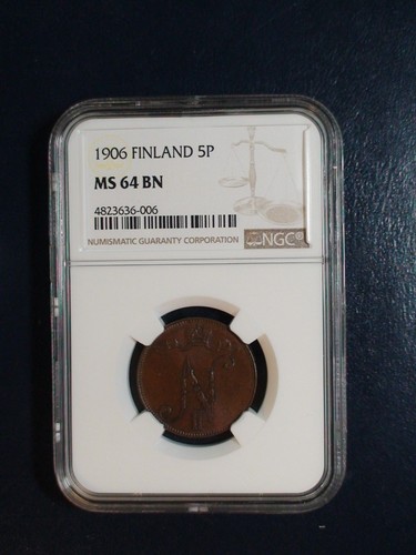 1906 Finland Five Pennia NGC MS64 BN NEAR GEM UNC 5P Coin PRICED TO SELL! - Picture 1 of 4