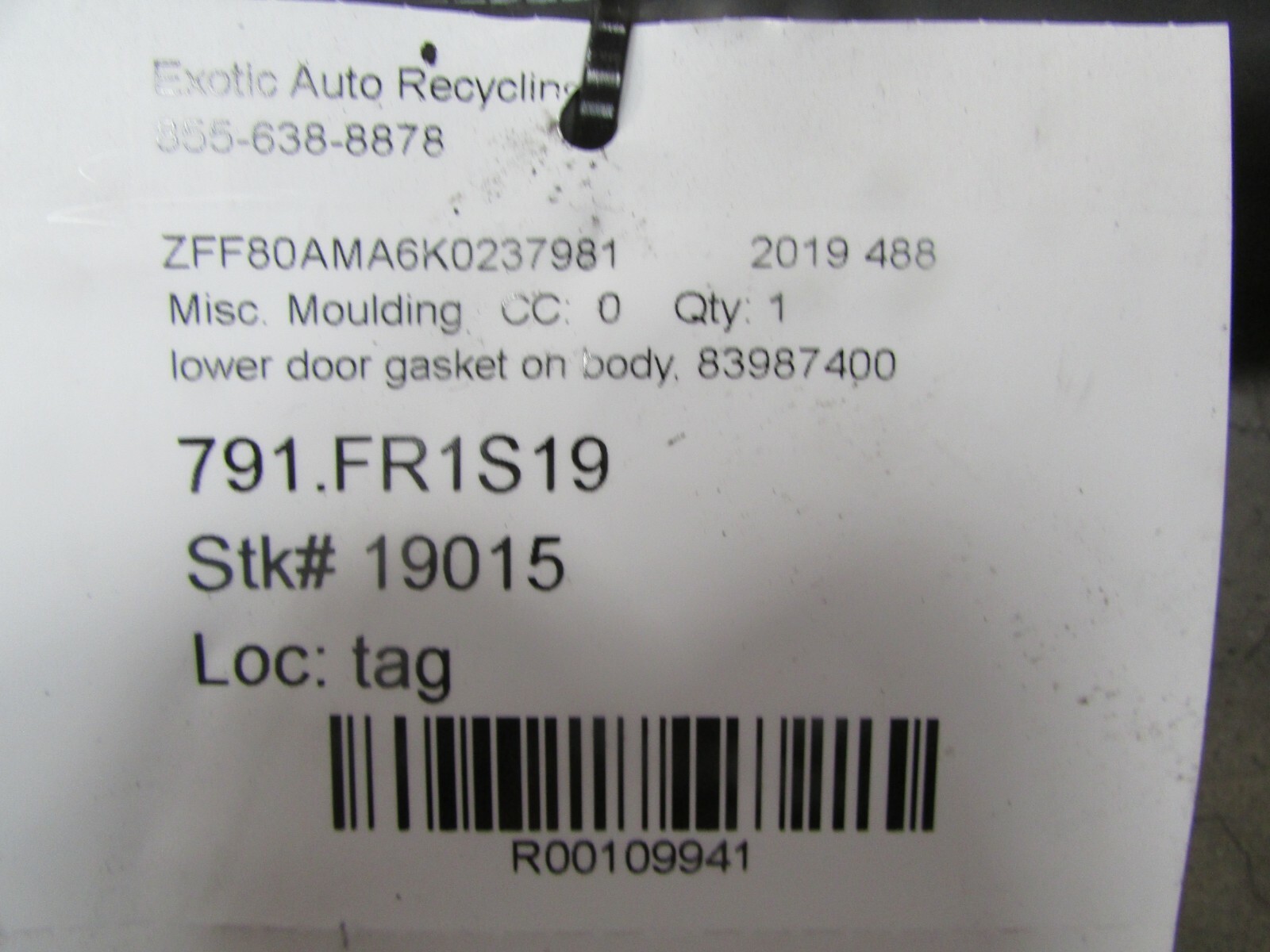 Ferrari 488, Lower Inner Door Gasket, Used, P/N 83987400