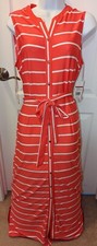 SALE* KIM ROGERS Long Coral & White Stripe Button Down Tie Waist Dress Small NEW