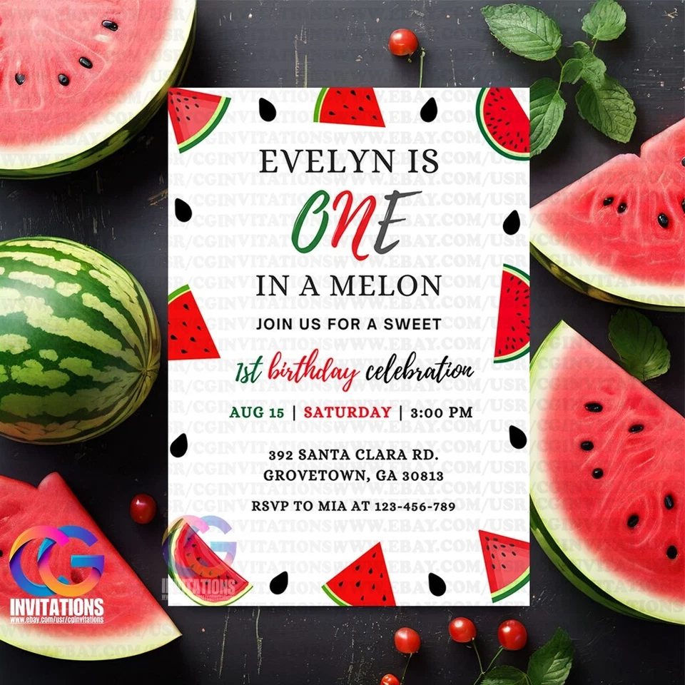 EDITABLE Invitación de Cumpleaños Sandía Blanca y Negra, una en Plantilla de Melón Foto 3 de 4