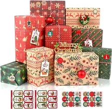 Christmas gift wrapping paper, 12 Sheets, with tag labels, Holiday, DIY, kraft