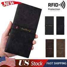 Mens Leather Long Wallet Bifold RFID-Blocking Card Holder Checkbook Clutch Purse