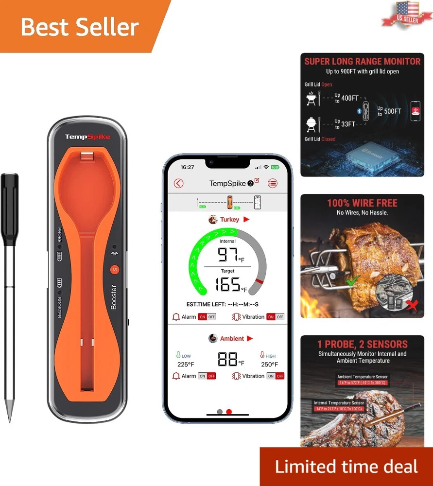 Bluetooth Meat Thermometer - 500ft Range, 1 Probe & 2 Sensors, Easy-to-Use App