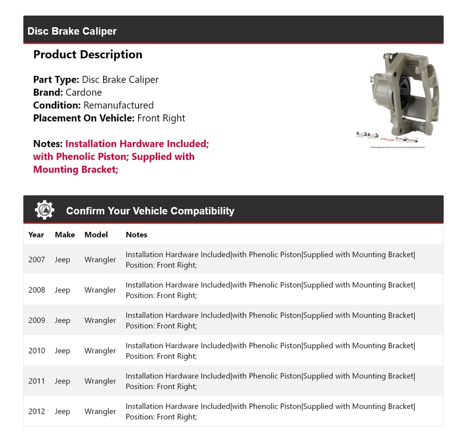 Pinza de freno de disco delantera derecha Cardone 2008 2009 para Jeep Wrangler 2007-2012 Foto 2 de 4
