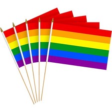 G128 12 Pack Handheld LGBT Rainbow Pride Stick Flags 8x12 In Printed 150D Poly