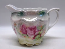 Vintage German China Lusterware Creamer with Rose and Carnation Design EUC