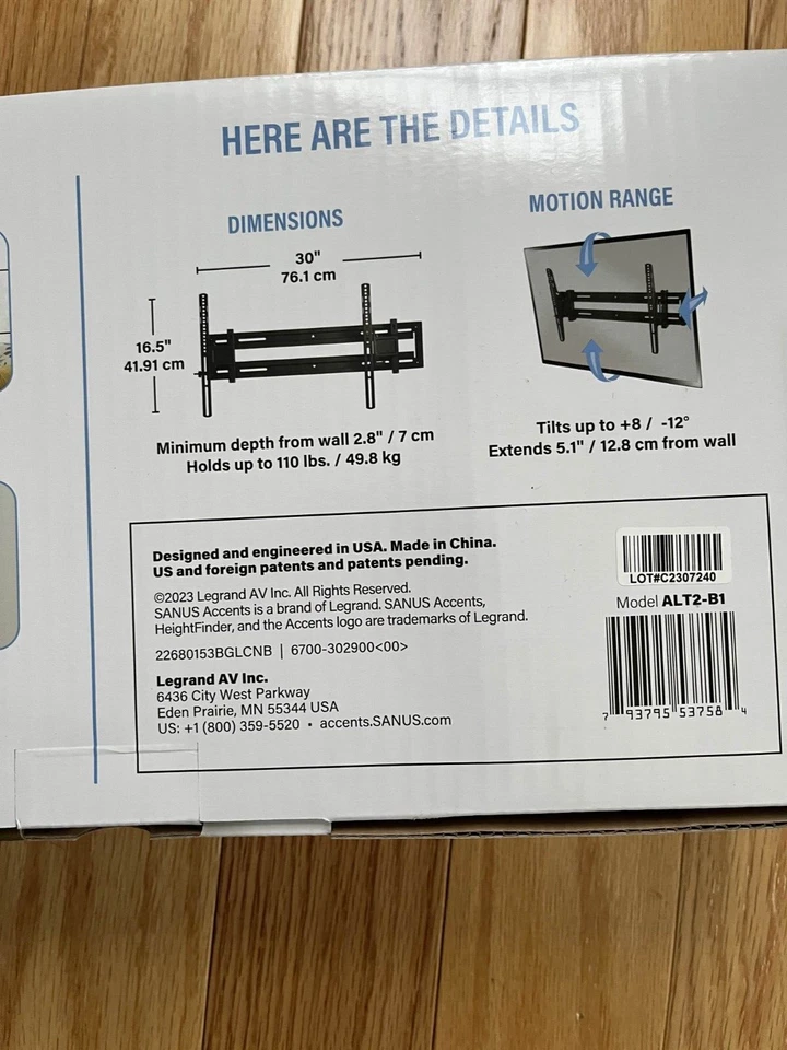 Sanus выдвижное наклонное настенное крепление для телевизоров 32-85 дюймов - VESA 800x400 - Изображение 3 из 4