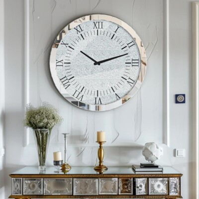 Wanduhr silber groß 60cm modern Wohnzimmer XXL römische Ziffern Spiegel  Kristall