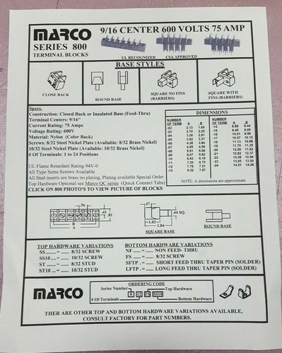 811FS-SS10 Marco 800 Series Terminal Block 600v 75Amp Feed Through - Picture 2 of 2