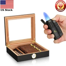 30CT Cigar Humidor Cedar Wood Case Box Humidifier Hygrometer Torch Cigar Lighter
