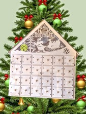 WOODEN HOUSE Light Up Advent Calendar CHRISTMAS TREE Sleigh Santa Claus 11' Tall