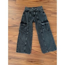 Old Navy Girls Baggy Wide Leg Cargo Jeans Washed Black High Rise Size 12 Denim